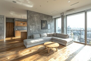 Mid century Modern interiors in the living room with large windows and corner sofas. Generative AI
