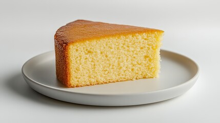 Golden slice of sponge cake on white plate for dessert lovers