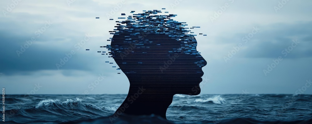 Poster Abstract representation of a person's head merging with ocean waves.