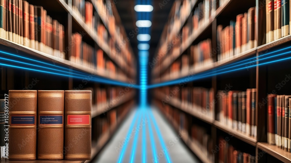Poster Bookshelf perspective in a library with illuminated pathways. Ideal for education.