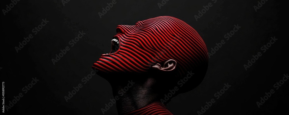 Poster abstract art concept with a figure in red stripes against a dark background.