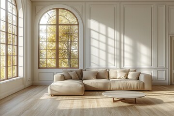 Minimalist, modern Scandinavian interiors in living rooms with sofas and tables. Generative AI
