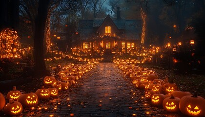 Fototapeta premium A charming house adorned with pumpkins lining its side
