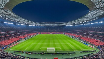 Spectacular view of a football stadium filled with fans, showcasing vibrant colors and illuminated atmosphere during an evening match