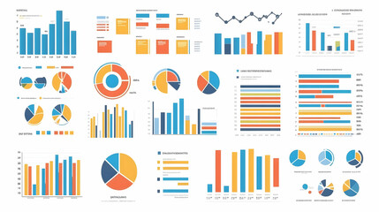A collection of colorful infographic charts, including bar graphs, pie charts, line graphs, and data visualizations.