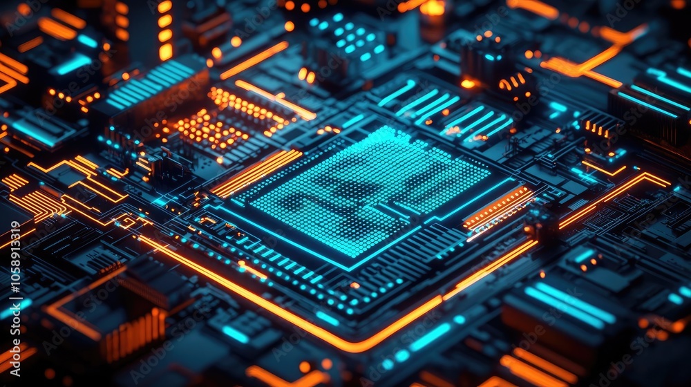 Poster Close-up of a vibrant circuit board with glowing components and intricate details.