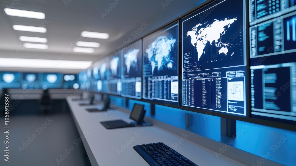 Poster Modern control room with multiple monitors displaying data analytics.