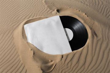 모래 위 LP판 음반 바이닐 패키지 슬리브 목업 템플릿