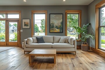 Fototapeta premium Mid century Modern Interior in the living room with sofa and table. Generative AI 