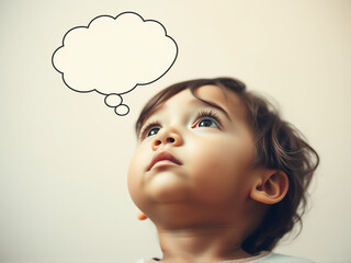 A young boy deep in thought, with a visible thought bubble above his head, reflecting his imagination and curiosity.