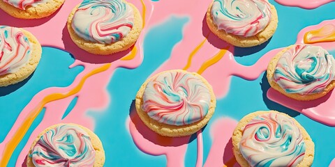 Chilled cookies are set against a vibrant backdrop, creating a visually appealing scene that highlights the delightful appearance of the iced treats on a lively surface.