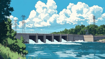 Serene Landscape with Dam and Flowing Water