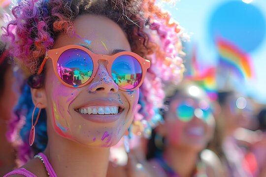 Bright and colorful outdoor festival with people celebrating and enjoying. A happy person with vibrant face paint and reflective sunglasses.