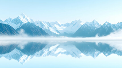 Fototapeta premium A serene, misty landscape with snow-capped mountains reflected in a calm lake.