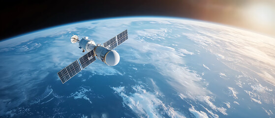 Fototapeta premium Exploring the frontiers of modern satellite design visualizing data links in space technology