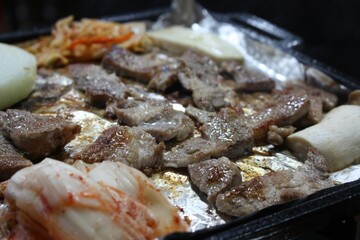 Pork neck, pork belly, and kimchi