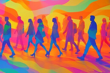 Stylized figures walking together in vibrant colors, symbolizing diversity and connection in a modern digital landscape.