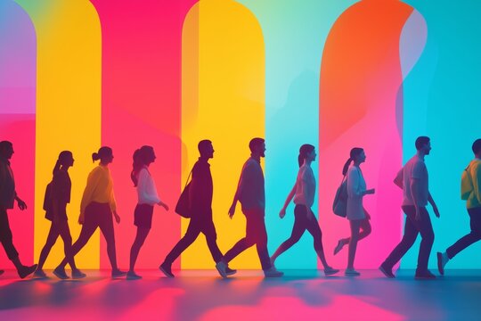 Stylized figures walking together in vibrant colors, symbolizing diversity and connection in a modern digital landscape.