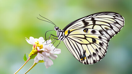 Obraz premium A white and black butterfly with yellow accents perched on a small white flower with a blurry green background.