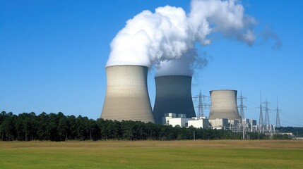 Fototapeta premium Cooling Towers with Steam Against Clear Blue Sky