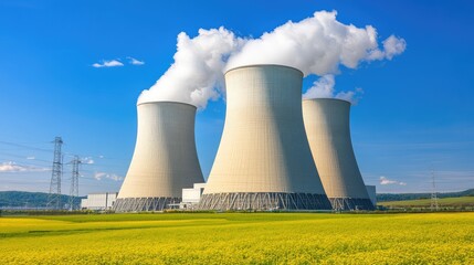 Fototapeta premium Cooling Towers Against Clear Blue Sky