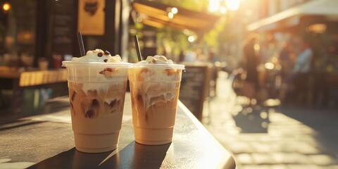 Two plastic cups filled with iced coffee and cream are placed on the outdoor bar counter of a cafe, situated along a sunlit street.