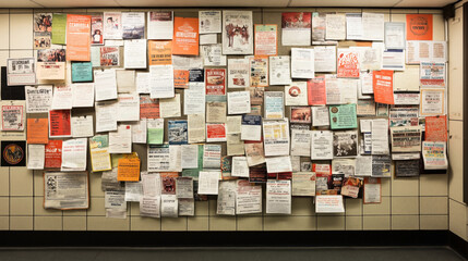Bulletin board covered with various colorful posters, flyers, and notices in multiple languages, showcasing community events, announcements, and information in a public area.