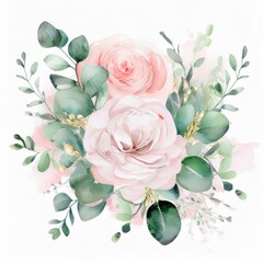 Watercolor floral illustration. Pink flowers and eucalyptus greenery bouquet. Dusty roses, soft light blush peony - border, wreath, frame. Perfect wedding stationary, greetings, fashion, background