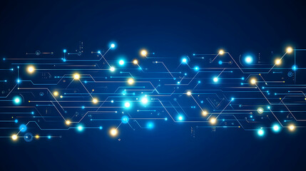 Obraz premium Abstract digital technology background with glowing lines and dots on a dark blue background.