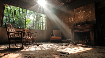 Obraz premium Eerie Abandoned Thai House with Decaying Furniture in Dusty Sunlit Interior