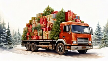 A truck loaded with Christmas presents and decorations isolated centrally with plain white background. Graphic design illustration resource with copy space and no people. delivery and logistics