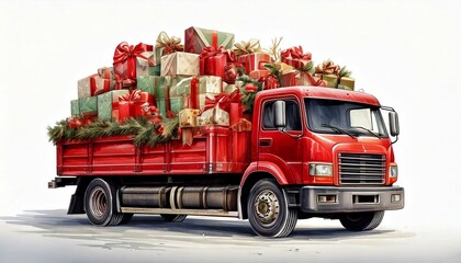 A truck loaded with Christmas presents and decorations isolated centrally with plain white background. Graphic design illustration resource with copy space and no people. delivery and logistics