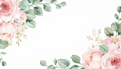 Watercolor floral illustration. Pink flowers and eucalyptus greenery bouquet. Dusty roses, soft light blush peony - border, wreath, frame. Perfect wedding stationary, greetings, fashion, background
