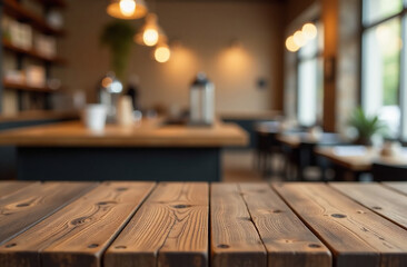 Empty wood table and Coffee shop blur background with bokeh image.