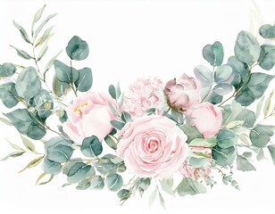Watercolor floral illustration. Pink flowers and eucalyptus greenery bouquet. Dusty roses, soft light blush peony - border, wreath, frame. Perfect wedding stationary, greetings, fashion, background