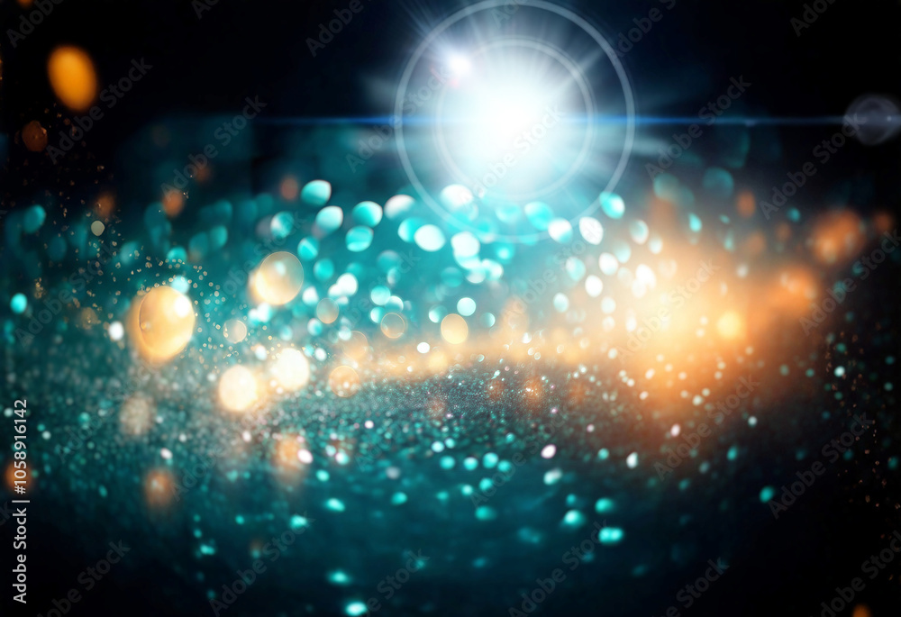 Poster a bright white light shines over a textured surface shimmering with gold and teal bokeh.