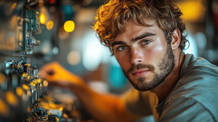 portrait of a focused young male technician diligently working on an electrical panel, surrounded by tools and equipment, showcasing skilled craftsmanship and dedication in a contemporary setting