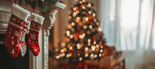 Concepto navideño mágico y vintage en rojo navideño. Medias navideñas colgadas de una chimenea con un árbol de Navidad borroso y luces de fondo.