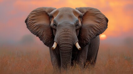 Obraz premium African Elephant Portrait at Sunset in Tall Grass Wildlife Photography