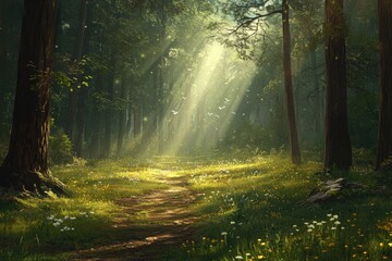 Obraz premium Sunbeams illuminating a path through a lush, green forest with wildflowers.