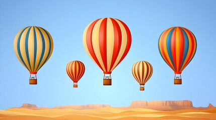 Fototapeta premium Five colorful hot air balloons flying over a desert landscape with blue sky.