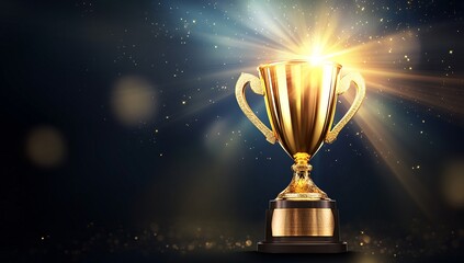 Shiny golden trophy placed on a pedestal with dramatic lighting and sparkles in the background during an award ceremony