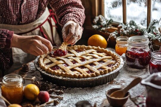 A rustic kitchen scene where a couple is making a holiday pie. Focus on the lattice crust being placed on the pie, with jars of homemade jam and fresh fruits scattered around - Powered by Adobe