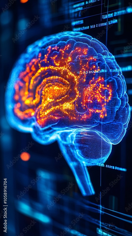Poster 3D-rendered brain model displaying a specific surgical approach with close-up details on targeted regions with copy space for text
