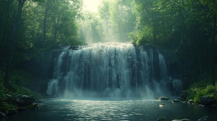 A cascading waterfall surrounded by lush green foliage, with sunlight shining through the mist.