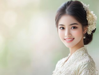 Enchanting Portrait of a Young Beautiful Thai Woman in Cream Traditional Attire