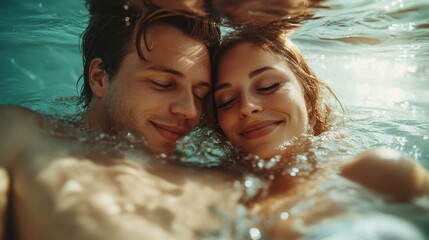 A couple peacefully floats underwater, eyes closed, emitting a serene calmness and unity while surrounded by rippling water and natural light reflections.