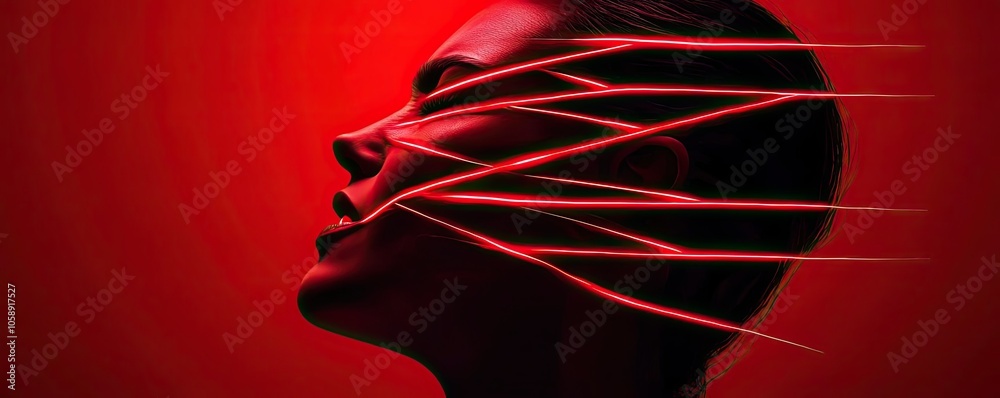 Poster Abstract portrait with red light highlights and dynamic lines illustrating emotion.