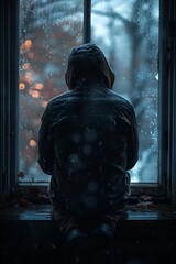 Person in a dark jacket sitting by a window on a rainy day, reflecting a somber mood with blurred city lights in the background.
