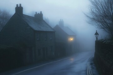 A Single Street Lamp Illuminates a Foggy Village Lane